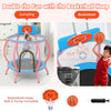 Kids trampoline with basketball hoop, pink design, 48" jumping surface, suitable for indoor and outdoor fun.