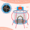48-inch pink kids trampoline with basketball hoop, safety mesh, and padded poles for indoor and outdoor fun.