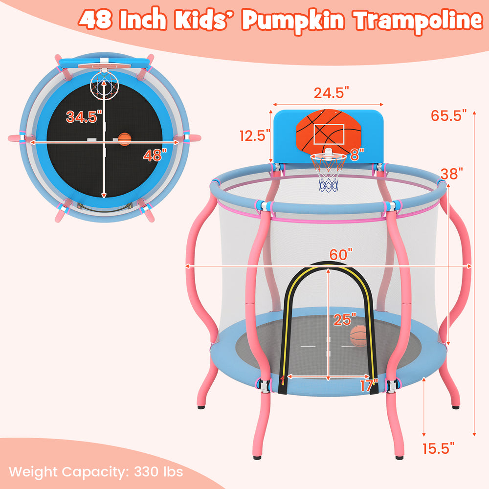 48-inch pink kids trampoline with basketball hoop, safety mesh, and padded poles for indoor and outdoor fun.