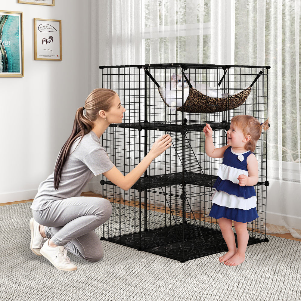 3-tier black metal cat cage with cozy hammock, ideal for climbing and lounging, perfect for indoor pets.
