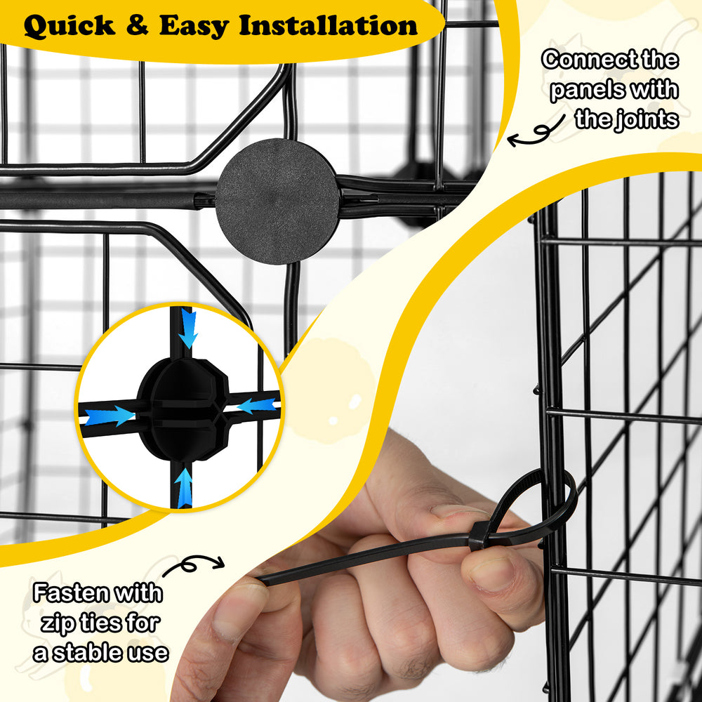Detail of the indoor cat cage's quick installation with zip ties and panel joints for a secure setup.