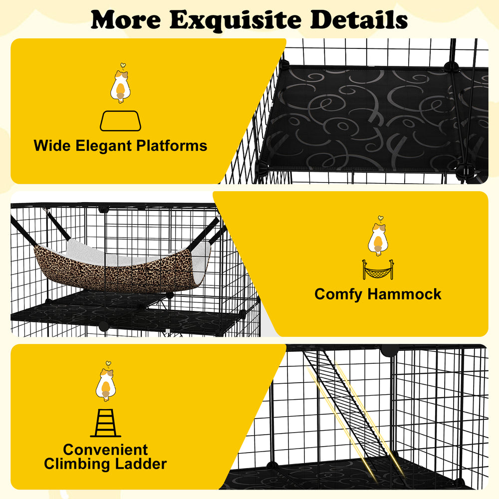 Wide elegant platforms and a comfy hammock in a 3-tier black indoor cat cage for climbing and lounging.