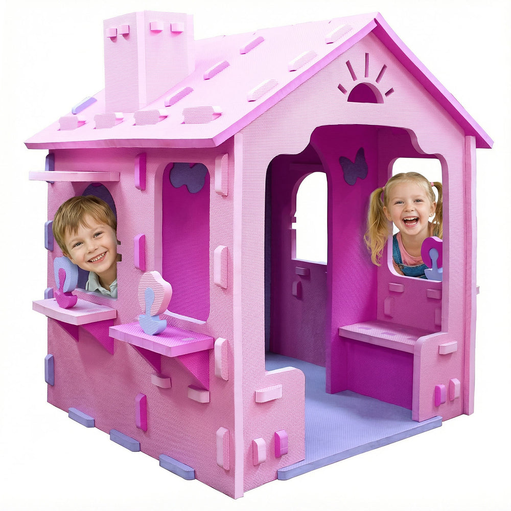 Colorful indoor cottage playset in pink and purple, featuring a roof, chimney, and playful design for creative play.