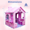 Indoor cottage playset in pink and purple, featuring dimensions and details for creative play, suitable for ages 18.