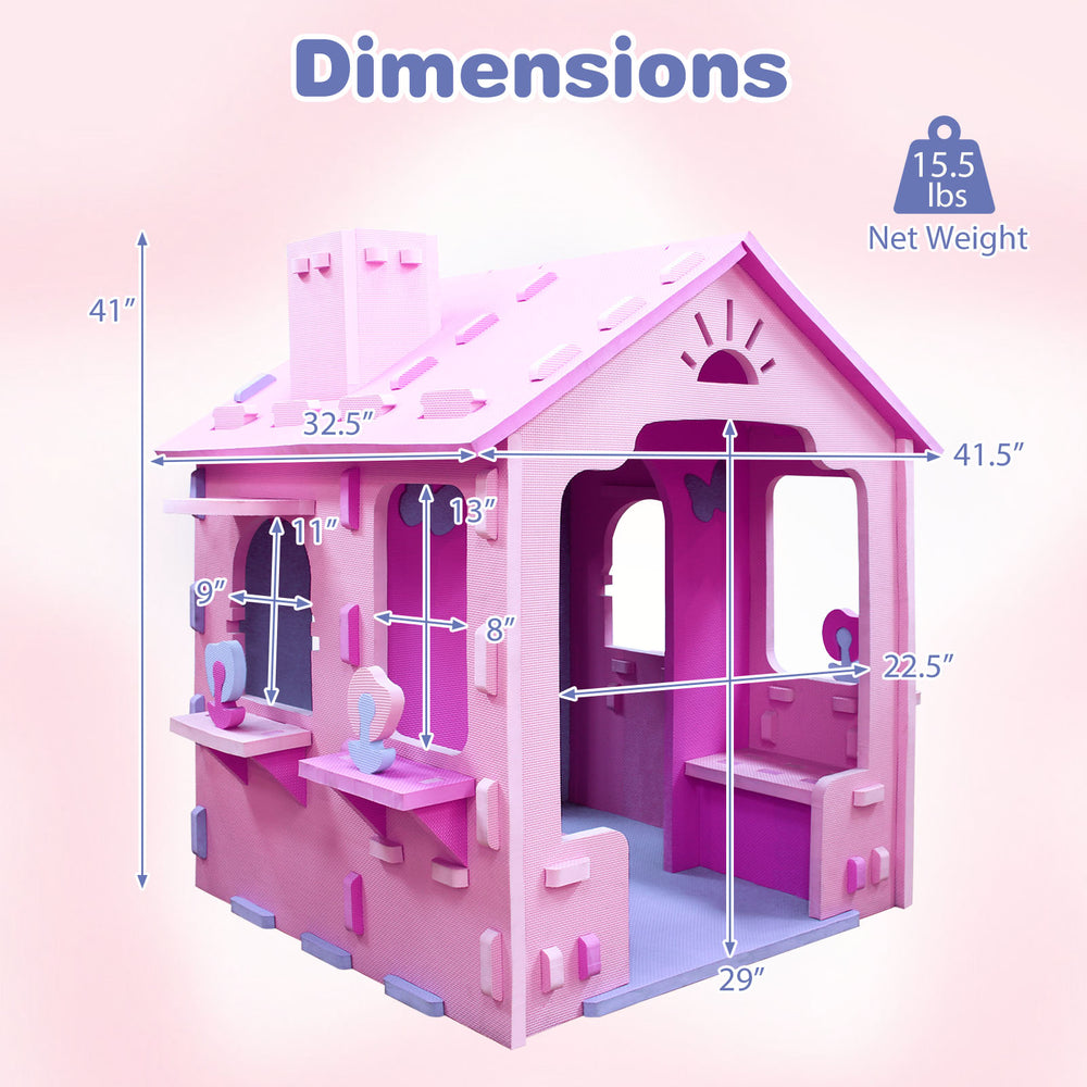 Indoor cottage playset in pink and purple, featuring dimensions and details for creative play, suitable for ages 18.