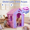 Indoor cottage playset in pink and purple made of child-safe EVA foam, featuring a roof, chimney, and storage shelves.