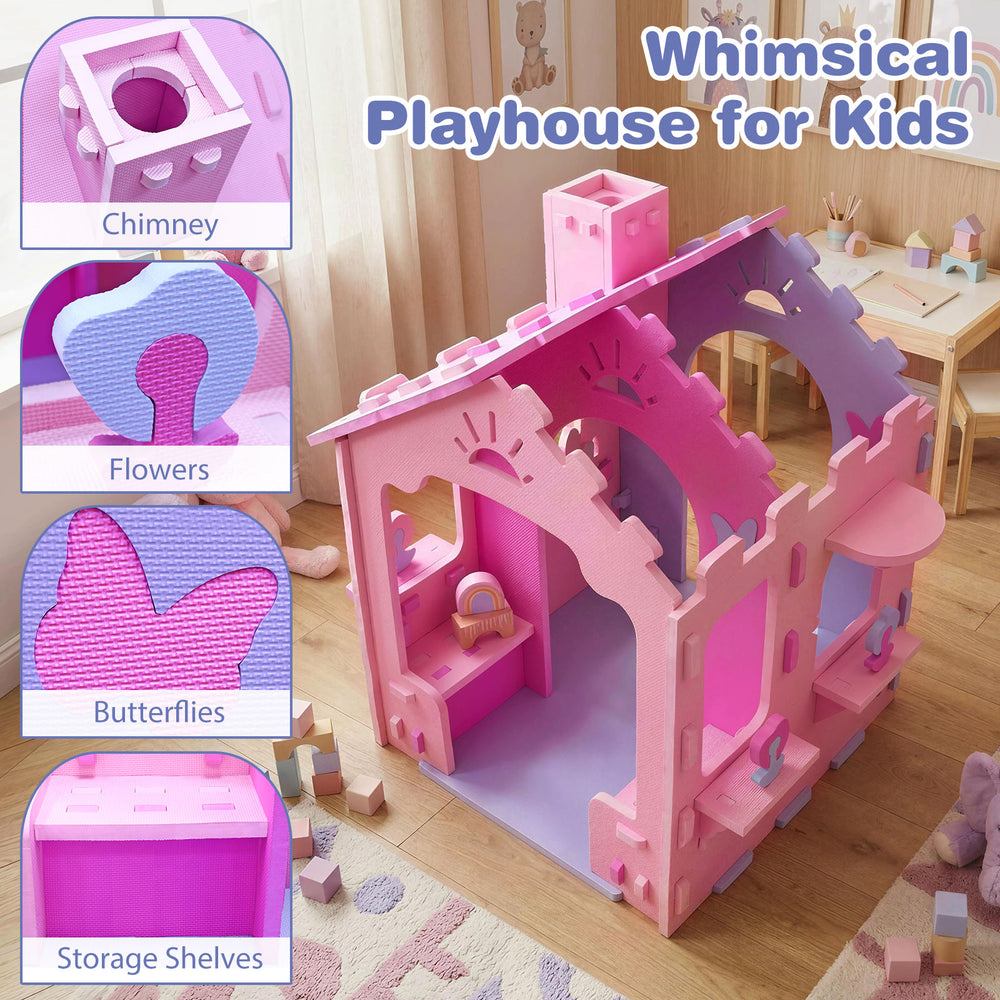 Indoor cottage playset in pink and purple with chimney, flowers, and butterflies, designed for creative play and.