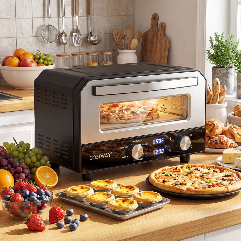 Countertop electric pizza oven in black, designed for 12-inch pizzas with dual knobs and a tempered glass window.