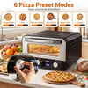 Indoor electric pizza oven with 6 presets, ideal for 12-inch pizzas, featuring a tempered glass window and dual knobs.