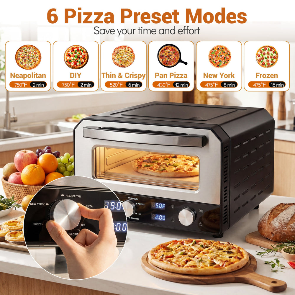 Indoor electric pizza oven with 6 presets, ideal for 12-inch pizzas, featuring a tempered glass window and dual knobs.