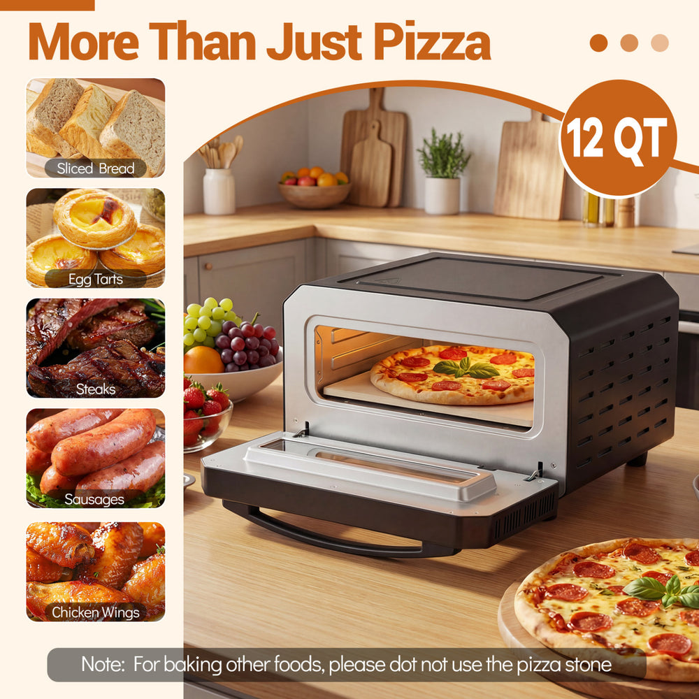 Indoor electric pizza oven with a tempered glass window, designed for 12-inch pizzas, featuring rapid high-heat cooking.