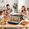 Indoor electric pizza oven in black with dual heating zones, 850℉ max temperature, perfect for family gatherings.