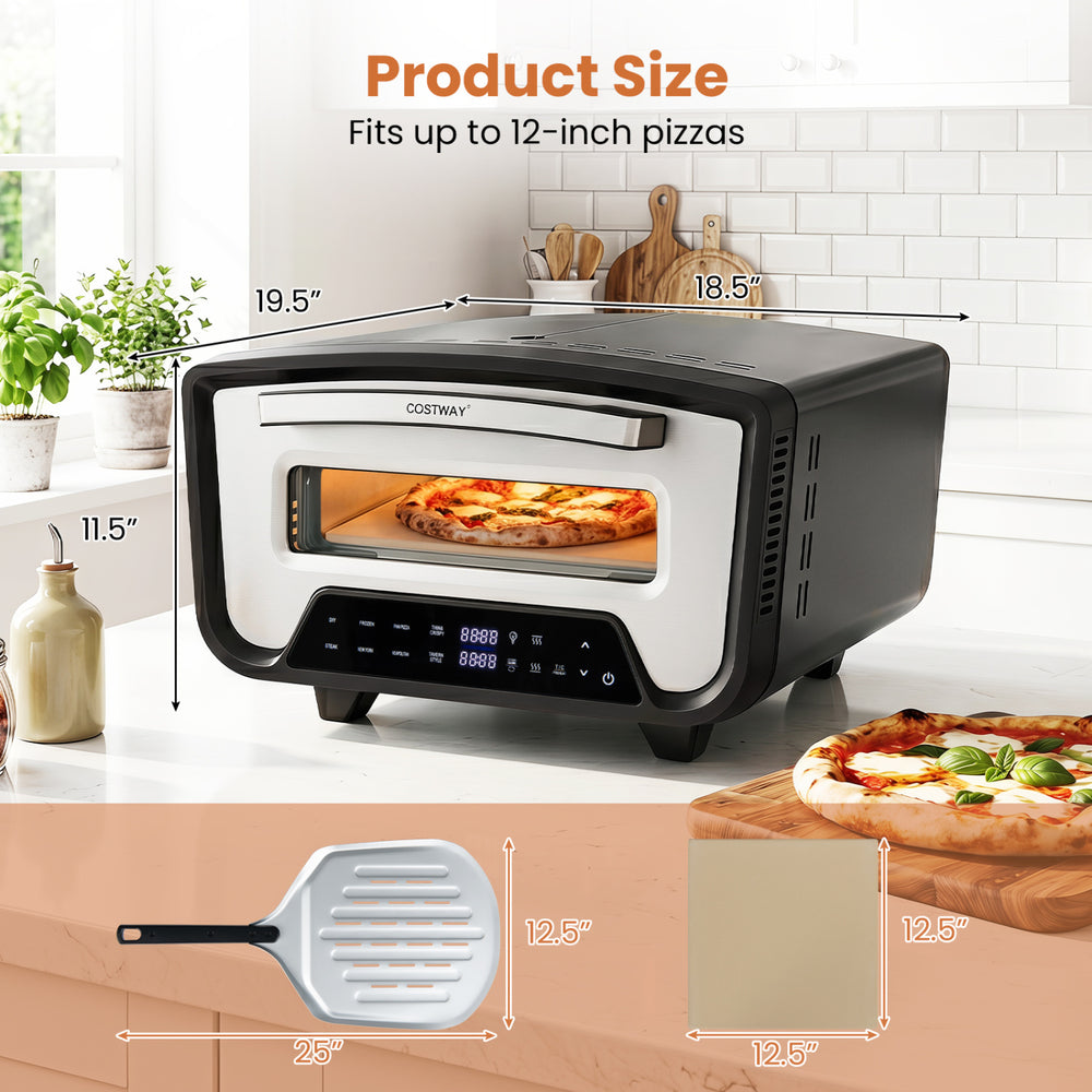 Indoor electric pizza oven with dual heating zones, 850℉ max temperature, and fits up to 12-inch pizzas for easy cooking.