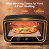 Indoor electric pizza oven with dual heating zones, 850°F max temperature, and 8 presets for quick 12-inch pizza cooking.