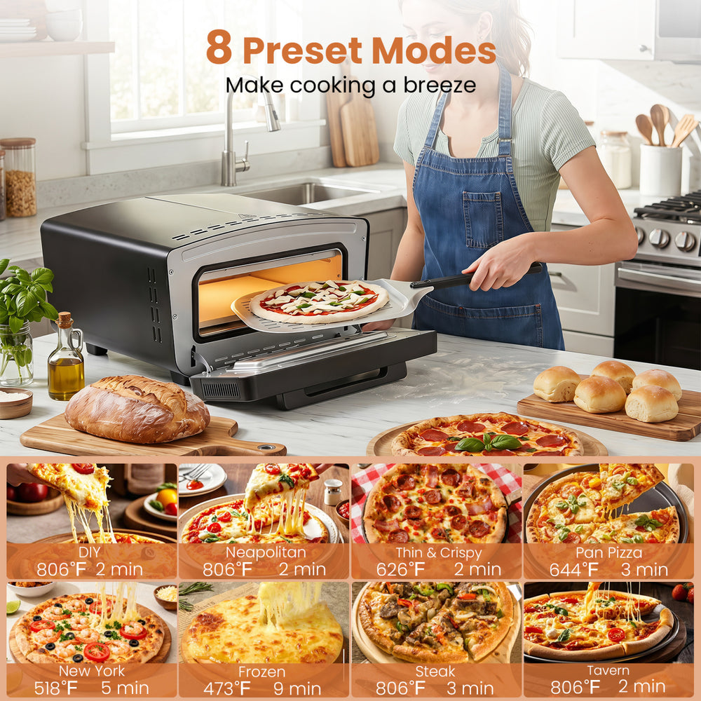 Indoor electric pizza oven with dual heating zones, 850℉ max temperature, and 8 preset modes for easy cooking.