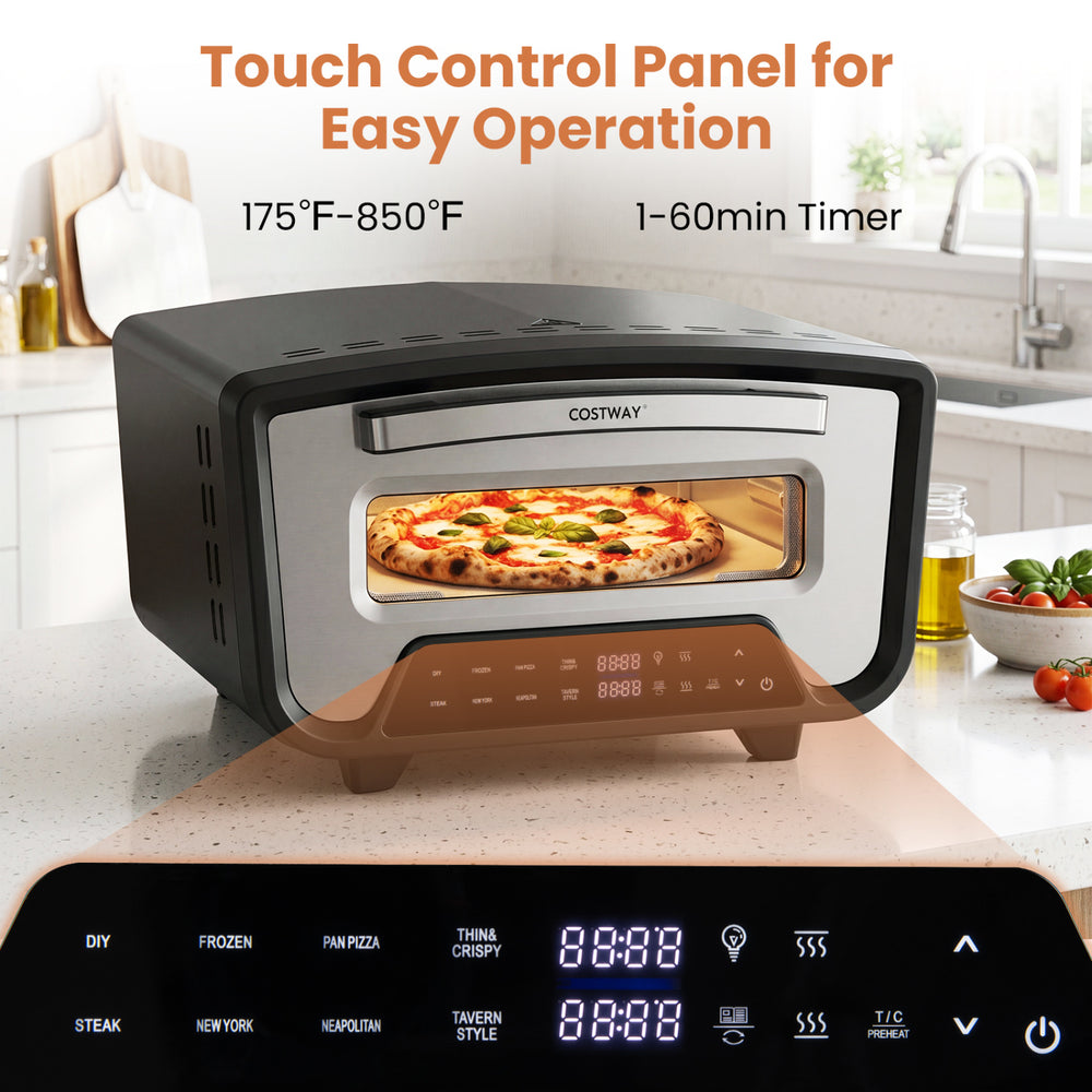 Indoor electric pizza oven with touch control panel, dual heating zones, and 8 presets for 12-inch pizzas.