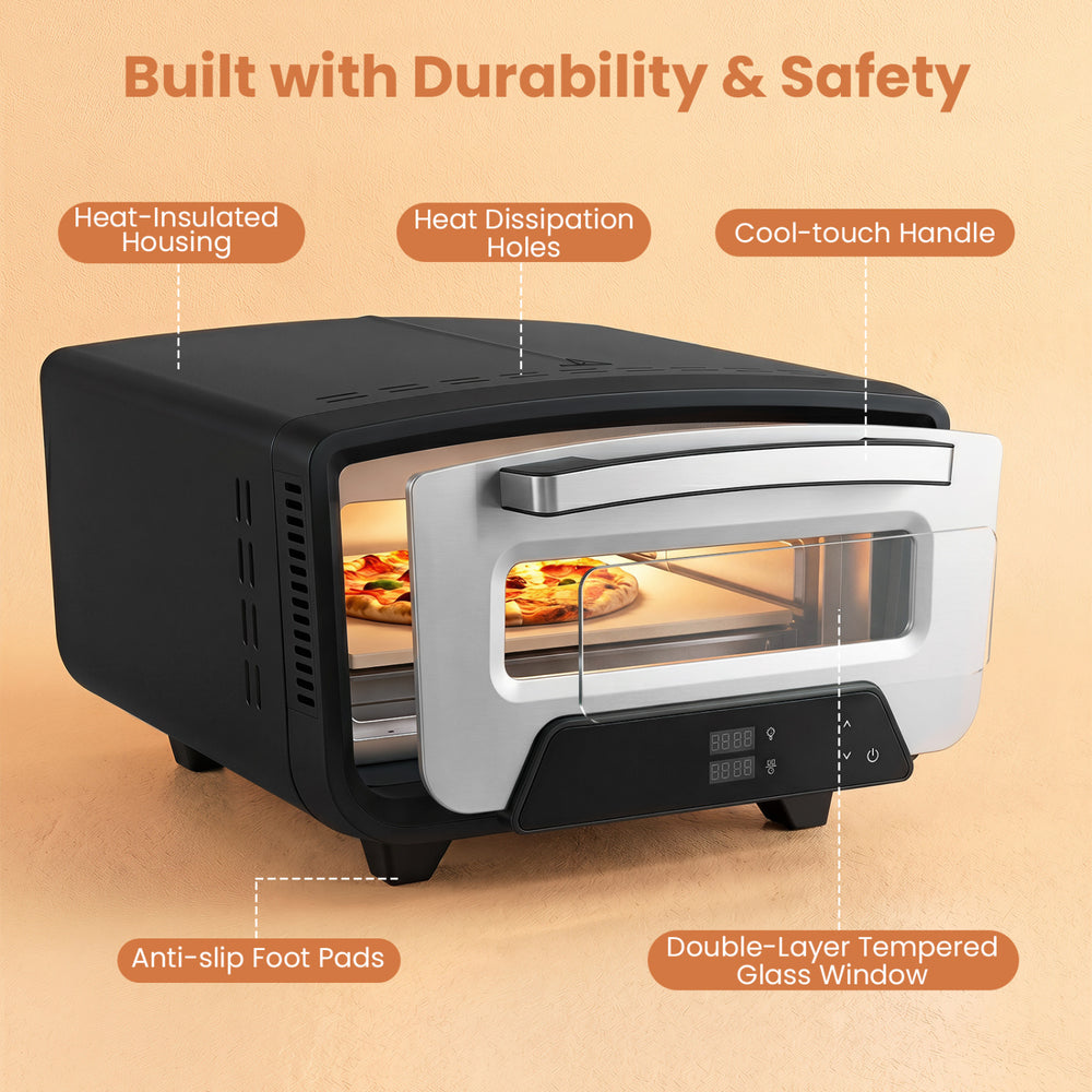 Indoor electric pizza oven with dual heating zones, 850℉ max temperature, and 8 presets for easy cooking.