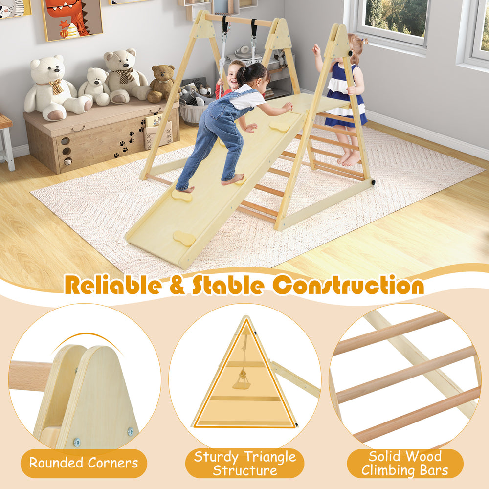 Indoor jungle gym with slide, climbing ramp, and adjustable swing for kids, featuring a sturdy triangle structure.