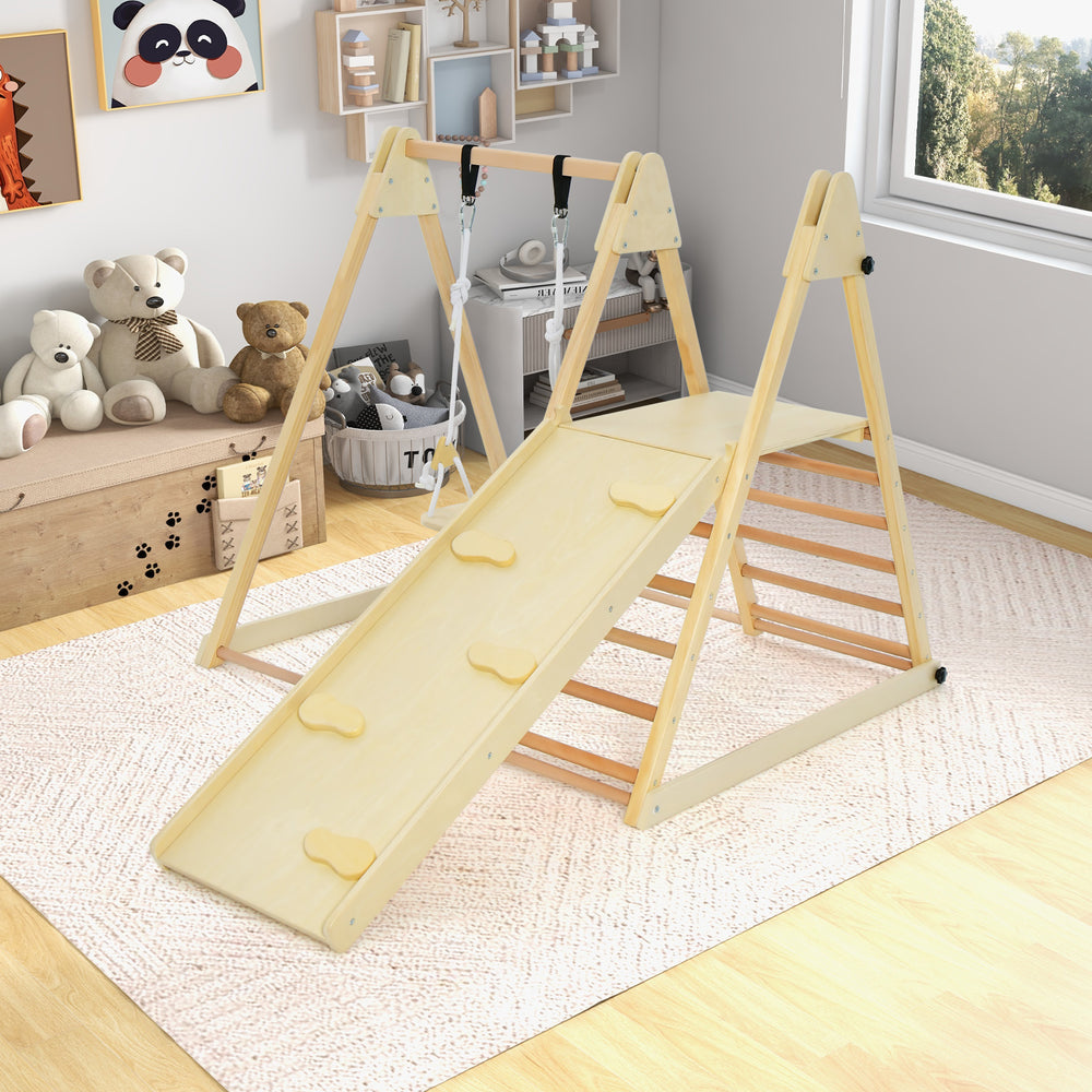 Indoor jungle gym with slide, adjustable swing, and climbing ramp for kids, designed for fun and safety in play.