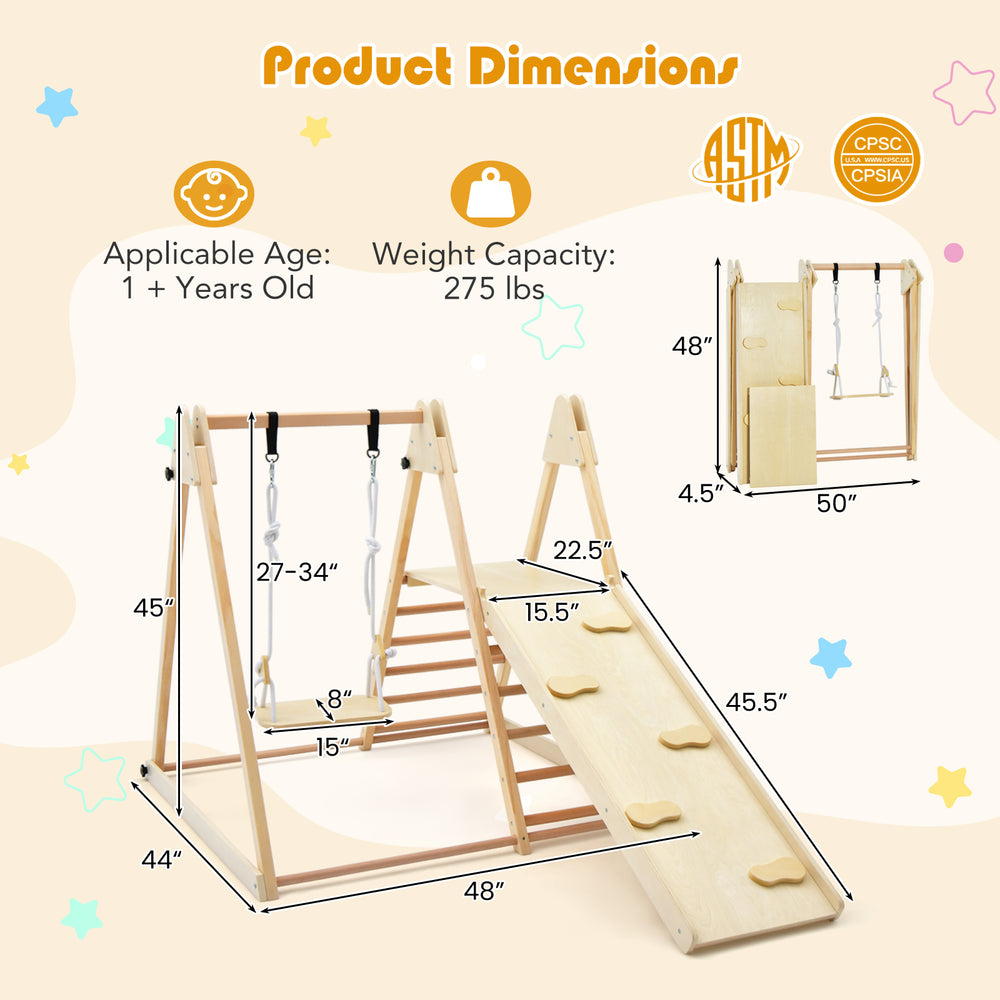 5-in-1 indoor jungle gym with adjustable swing, slide, and climbing ramp, designed for kids aged 1+, folds for easy.