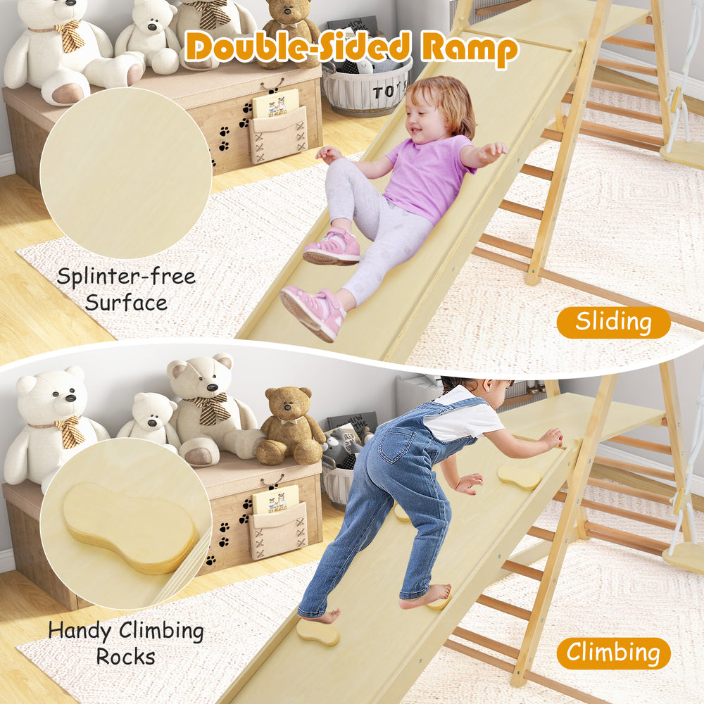 Double-sided ramp for the 5-in-1 indoor jungle gym, featuring a splinter-free surface for safe sliding and climbing.
