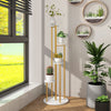 Five-tier indoor metal plant stand with a golden frame and white shelves, perfect for corner decoration and plant.