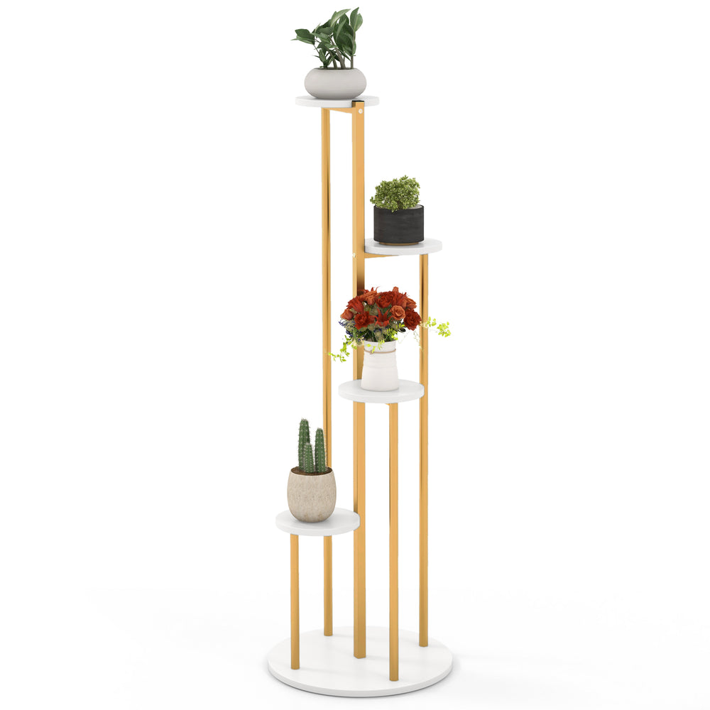 Five-tier indoor metal plant stand with a golden frame and white shelves, perfect for corner plant display.