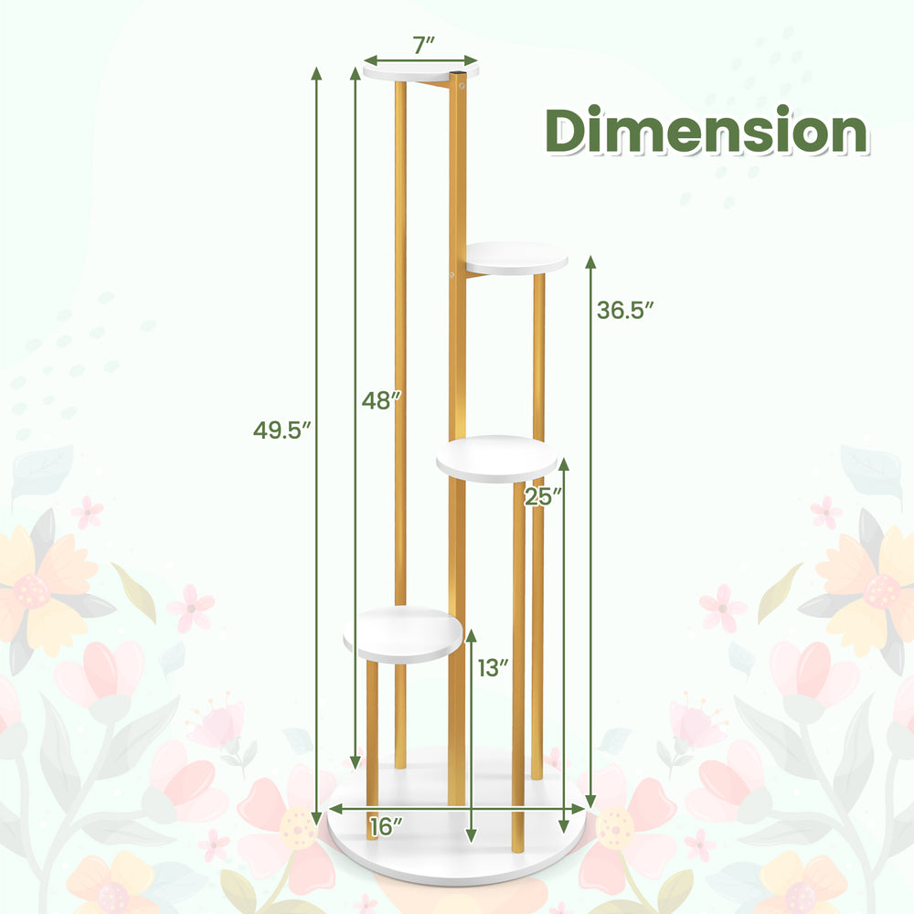 Indoor metal plant stand with golden frame and white shelves, featuring dimensions for corner placement and plant.