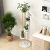 Five-tier indoor metal plant stand with golden frame and white shelves, perfect for corner plant display.