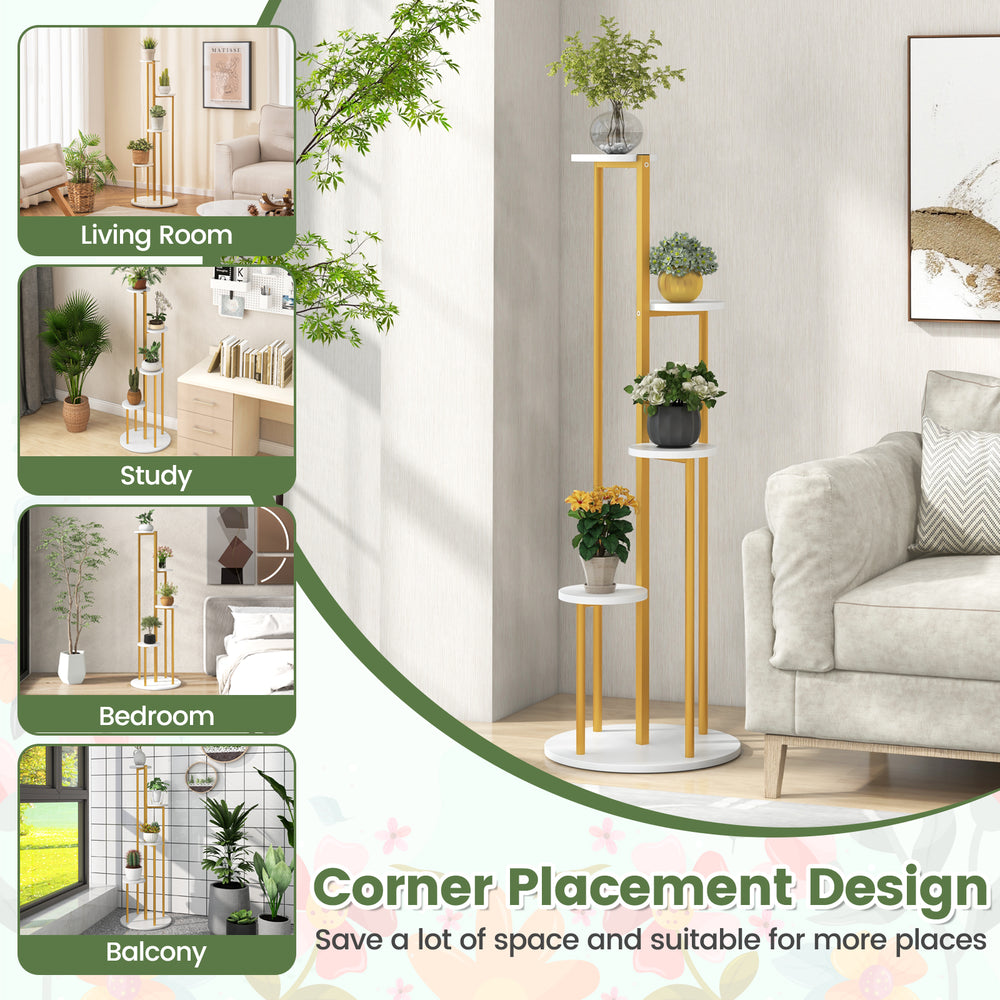 5-tier indoor metal plant stand with golden frame and white MDF boards, perfect for corner placement in any room.
