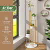 Four-tier indoor metal plant stand with a golden frame and white shelves, perfect for corner decoration and plant.