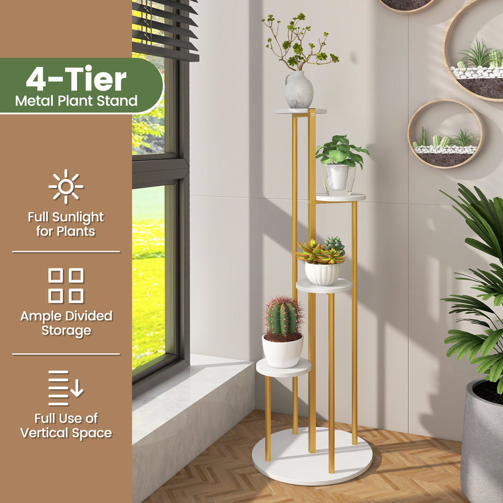 Four-tier indoor metal plant stand with a golden frame and white shelves, perfect for corner decoration and plant.