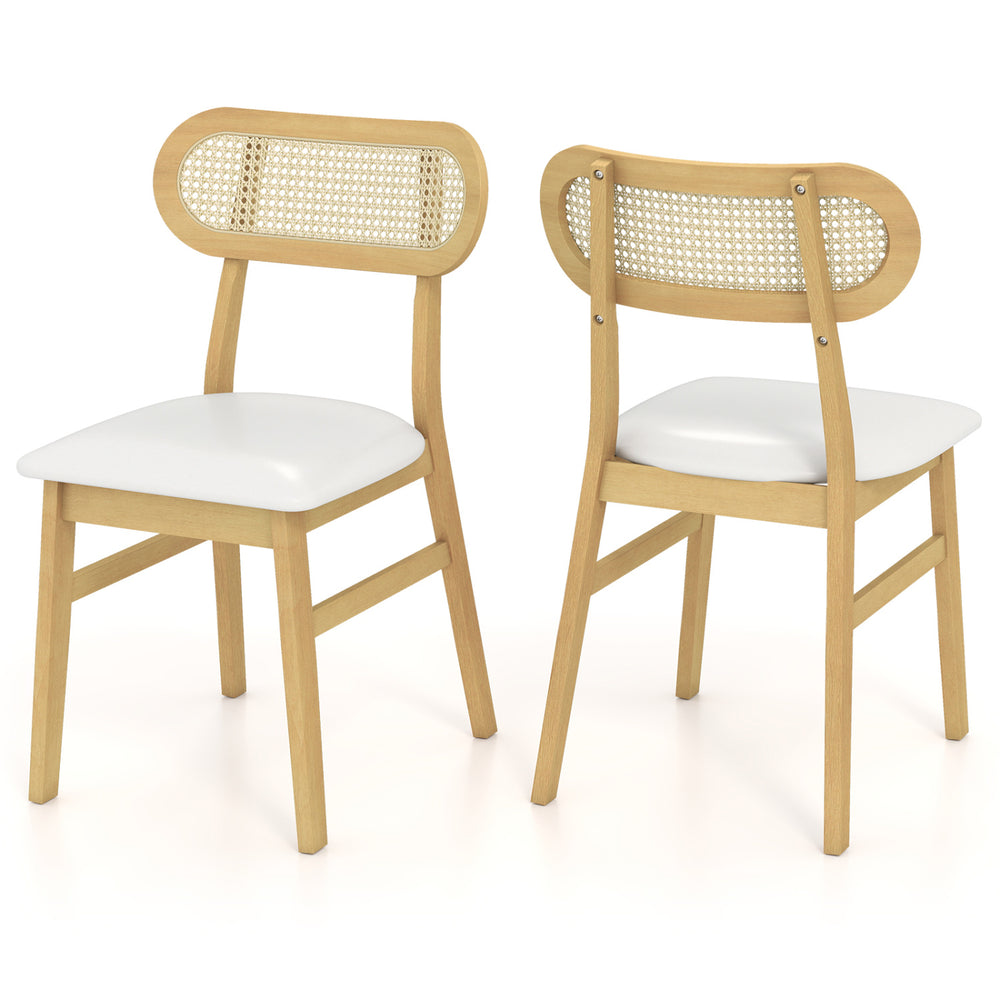 Mid-century wood dining chairs set of 2 with white PU leather seats and rattan backrest for modern dining rooms.