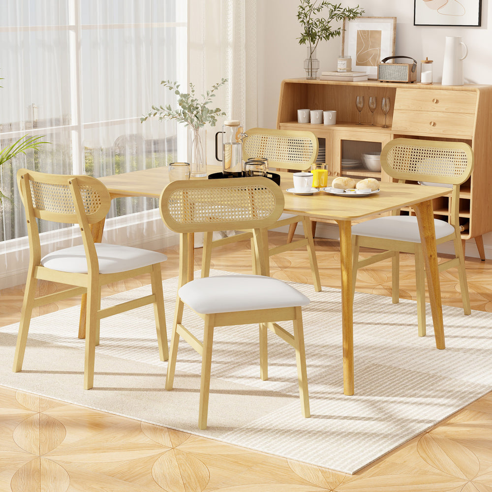Mid-century wood dining chairs set of 2 with rattan backrest and white padding, perfect for modern dining rooms.