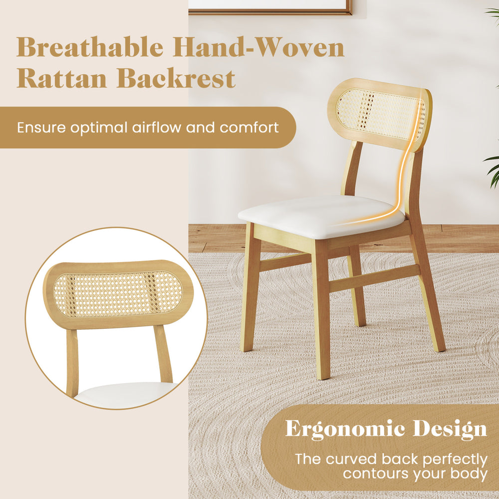 Indoor mid-century dining chair with breathable rattan backrest, sturdy wood frame, and thick padding for comfort.