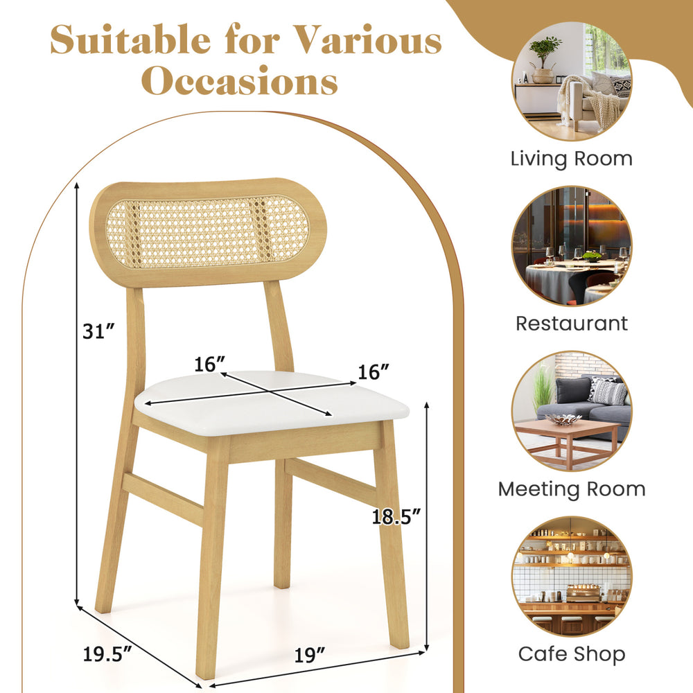 Mid-century wood dining chair with rattan backrest, white PU leather seat, ideal for dining rooms and restaurants.