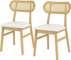 Side view of mid-century wood dining chairs with breathable rattan backrest and white padded seats, suitable for dining.