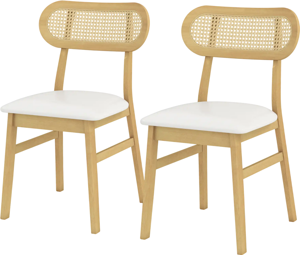 Side view of mid-century wood dining chairs with breathable rattan backrest and white padded seats, suitable for dining.