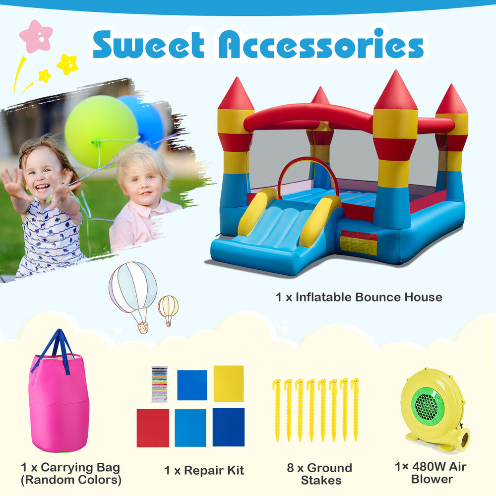 3-in-1 inflatable bounce house with slide, featuring a large jumping area and basketball hoop for outdoor fun.