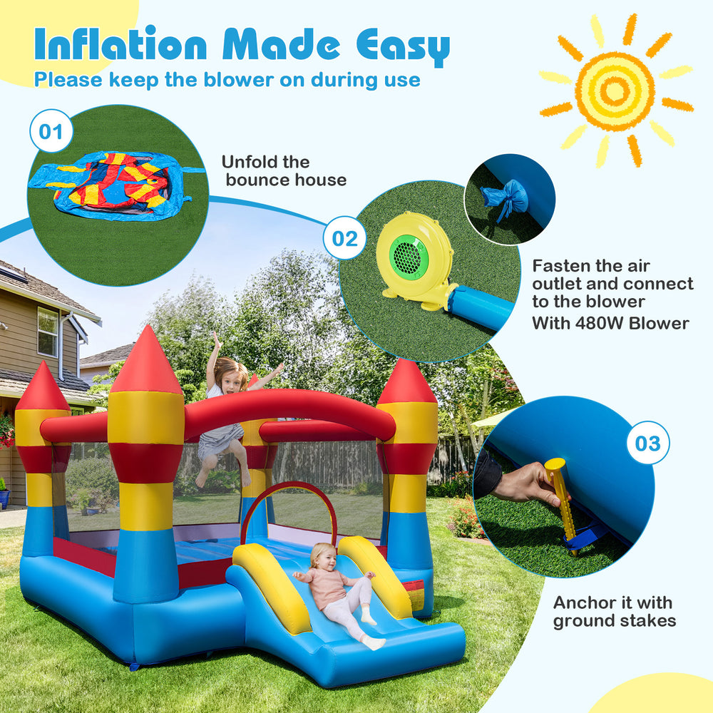 3-in-1 kids bouncer with slide and 480W blower, featuring a large jumping area and mesh protective walls for safety.