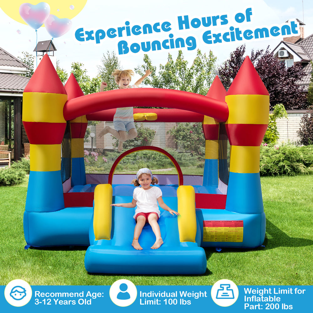 Colorful 3-in-1 kids bouncer with slide and basketball hoop for outdoor fun, made of durable waterproof fabric.
