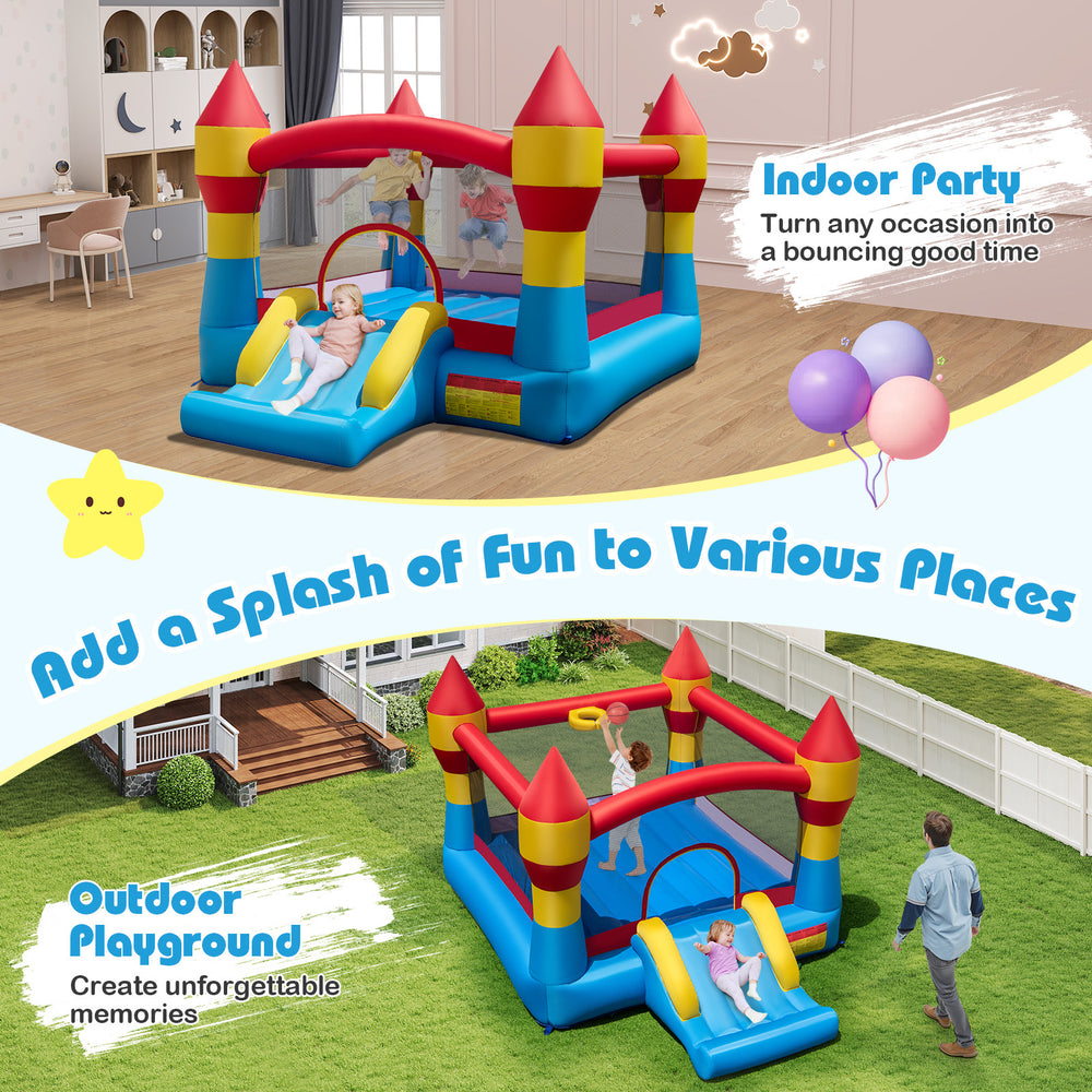 3-in-1 kids bouncer with slide, featuring a large jumping area and basketball hoop for indoor and outdoor fun.