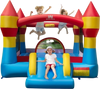 Colorful indoor outdoor blow-up bouncy castle with slide and basketball hoop, perfect for yard fun and parties.