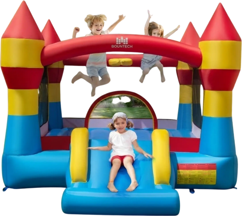 Colorful indoor outdoor blow-up bouncy castle with slide and basketball hoop, perfect for yard fun and parties.