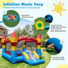 Indoor outdoor blow-up bouncy castle with slide and basketball hoop, made of durable 420D oxford cloth for yard fun.