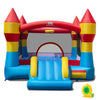 Colorful indoor outdoor blow-up bouncy castle with slide and basketball hoop, made from durable waterproof materials.