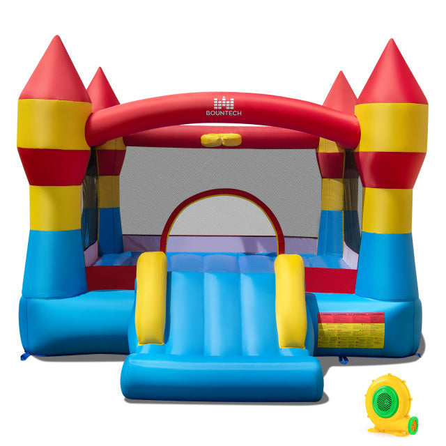 Colorful indoor outdoor blow-up bouncy castle with slide and basketball hoop, made from durable waterproof materials.