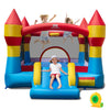 Colorful indoor outdoor blow-up bouncy castle features a smooth slide and basketball hoop for endless fun in the yard.