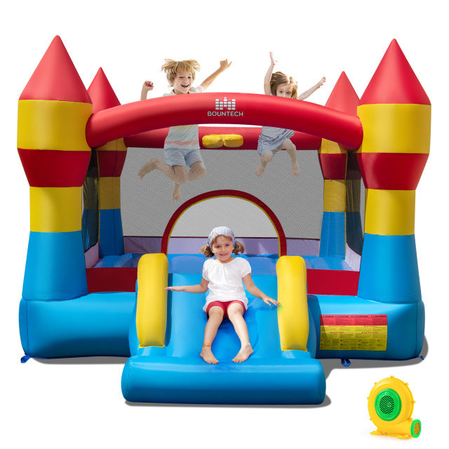 Colorful indoor outdoor blow-up bouncy castle features a smooth slide and basketball hoop for endless fun in the yard.