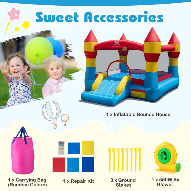 Indoor outdoor inflatable bounce house with a slide, basketball hoop, and 550W blower for endless fun in the yard.